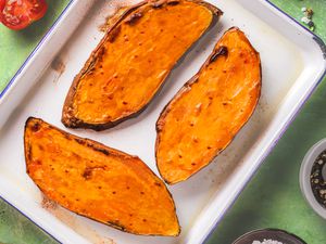 cooked sweet potatoes on a platter 