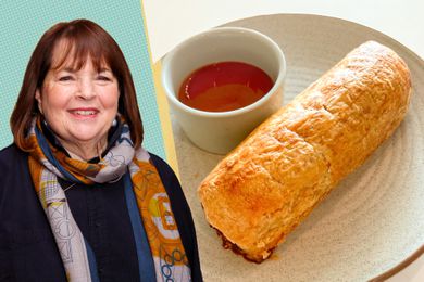 A split image of Ina Garten and a hotdog baked in puff pastry on a plate next to ketchup