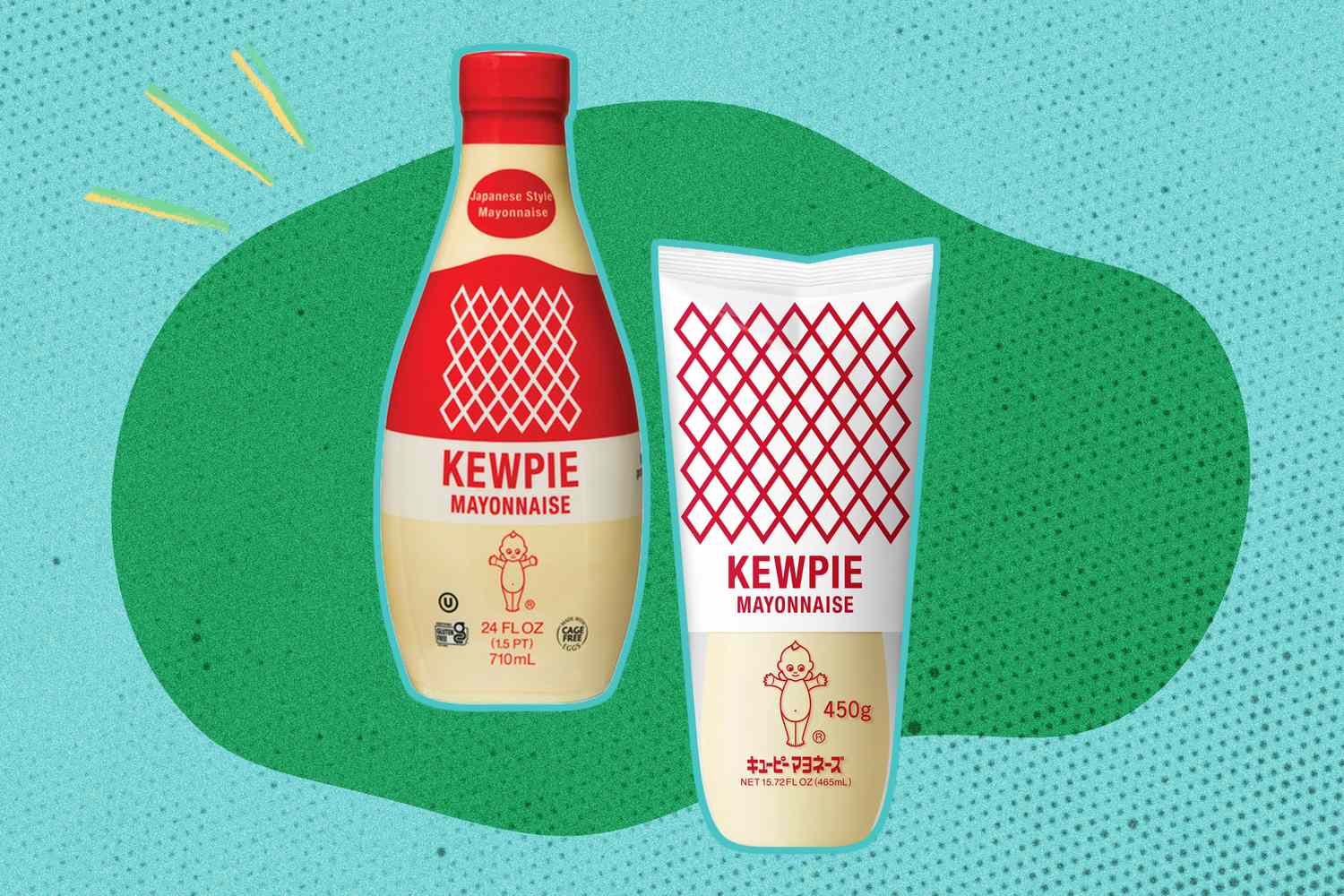 Two Kewpie mayonnaise bottles a bottle and a tube displayed on a brightly colored background