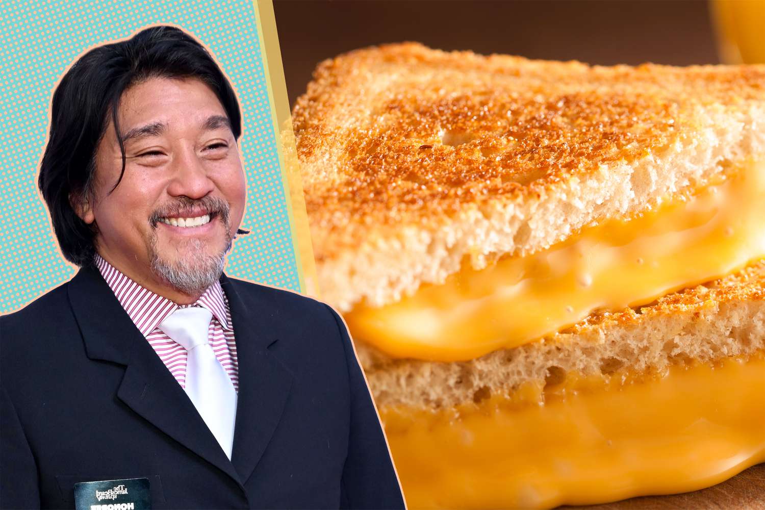 Chef Edward Lee next to an oozing grilled cheese sandwich