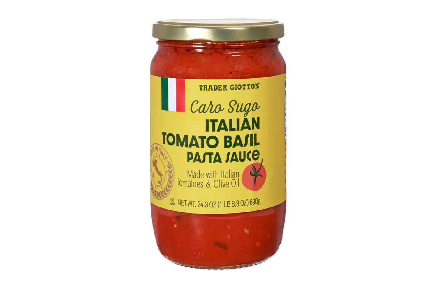 A jar of Trader Giottos Italian tomato basil pasta sauce