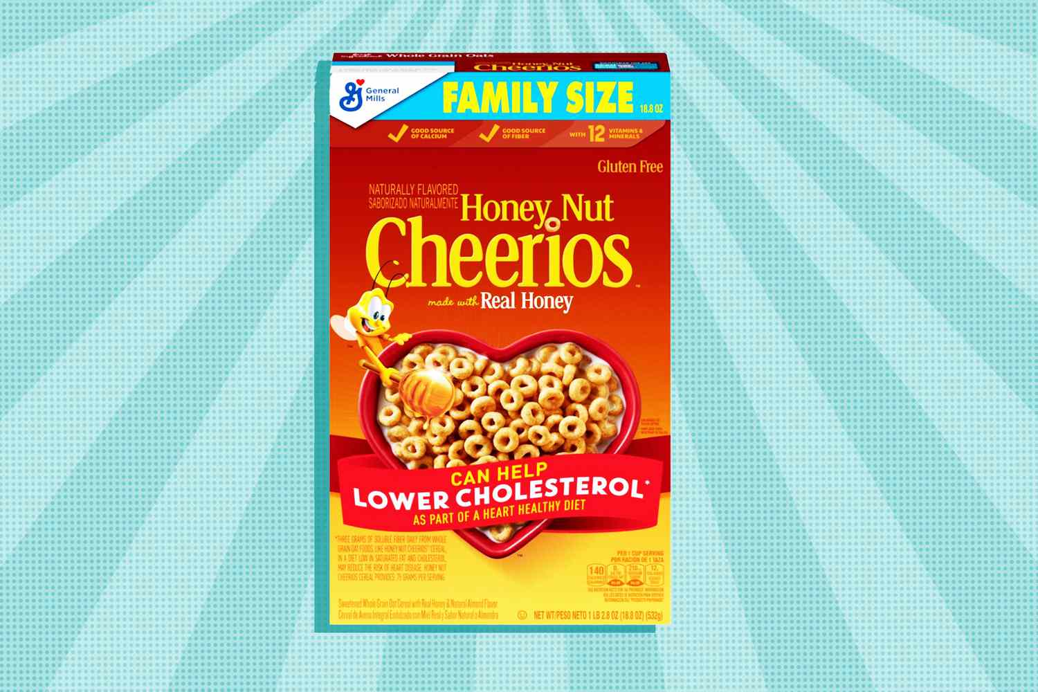 Honey Nut Cheerios (family size box) over a colorful background