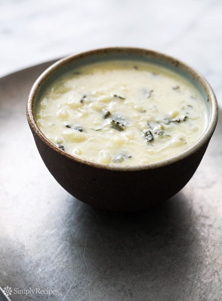Colcannon Potato Soup in a brown bowl