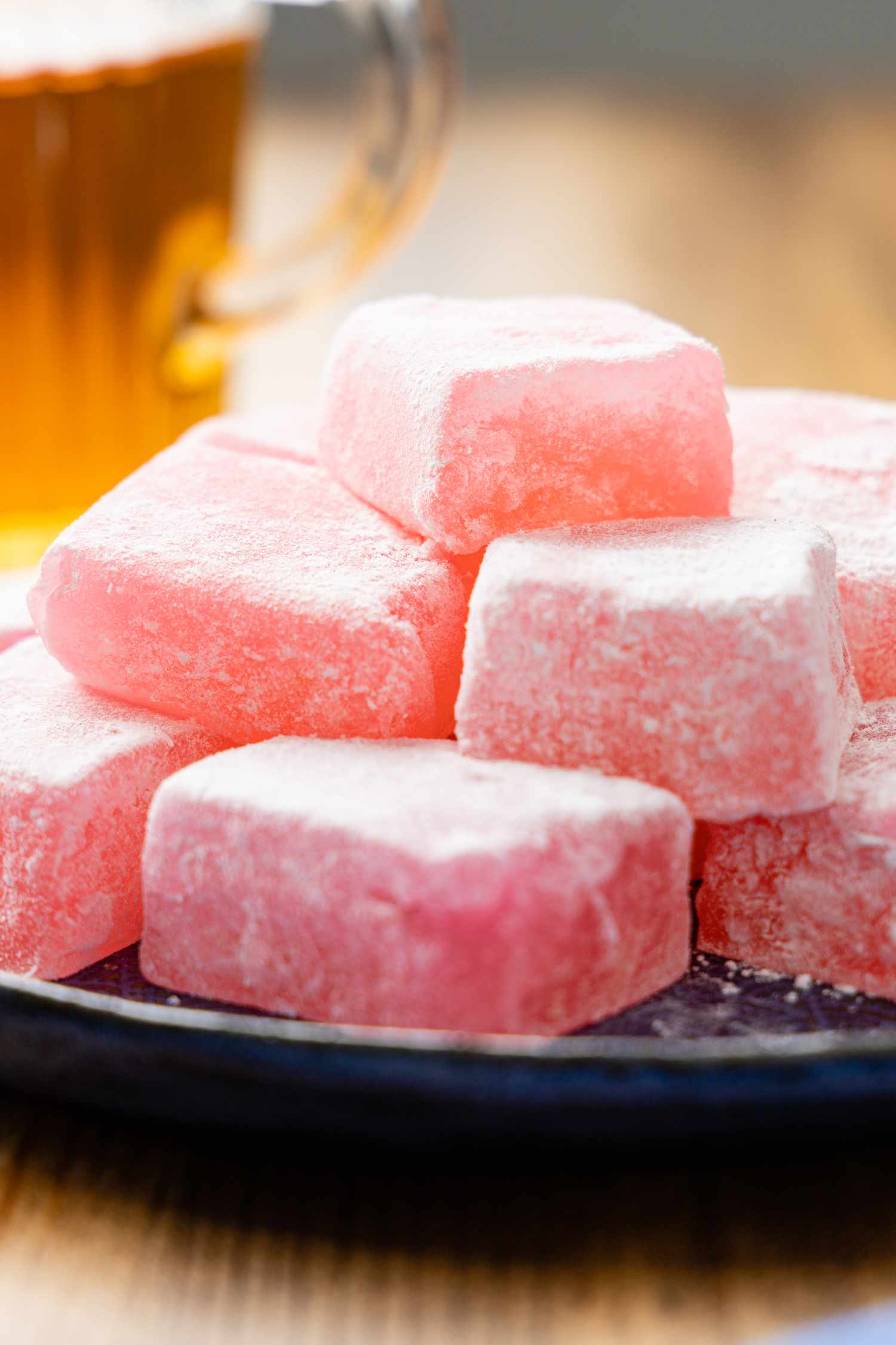 Plate of Turkish Delight, and in the Background, a Glass of Tea