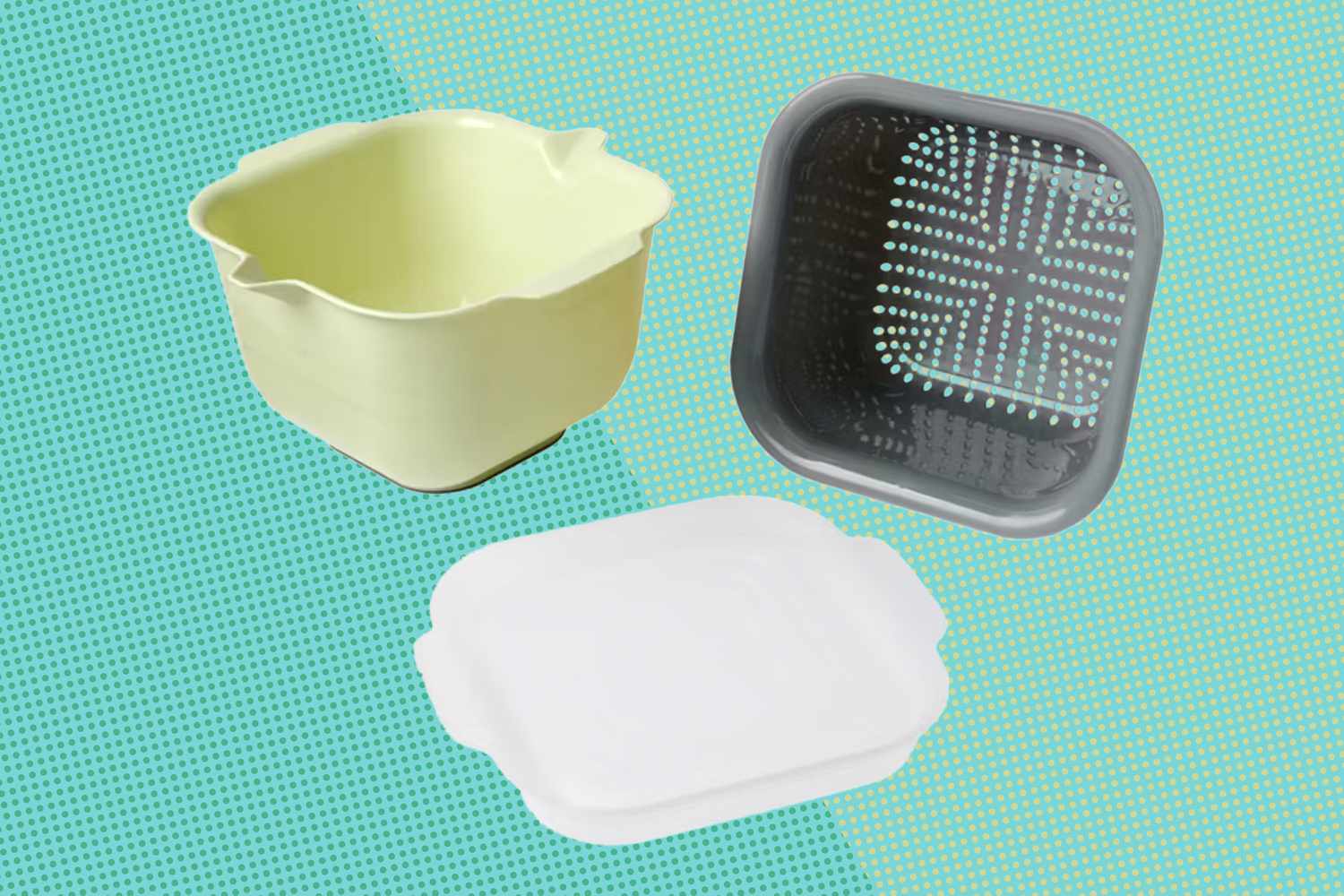 Three food storage containers with a strainer, lid, and bowl displayed on a teal background
