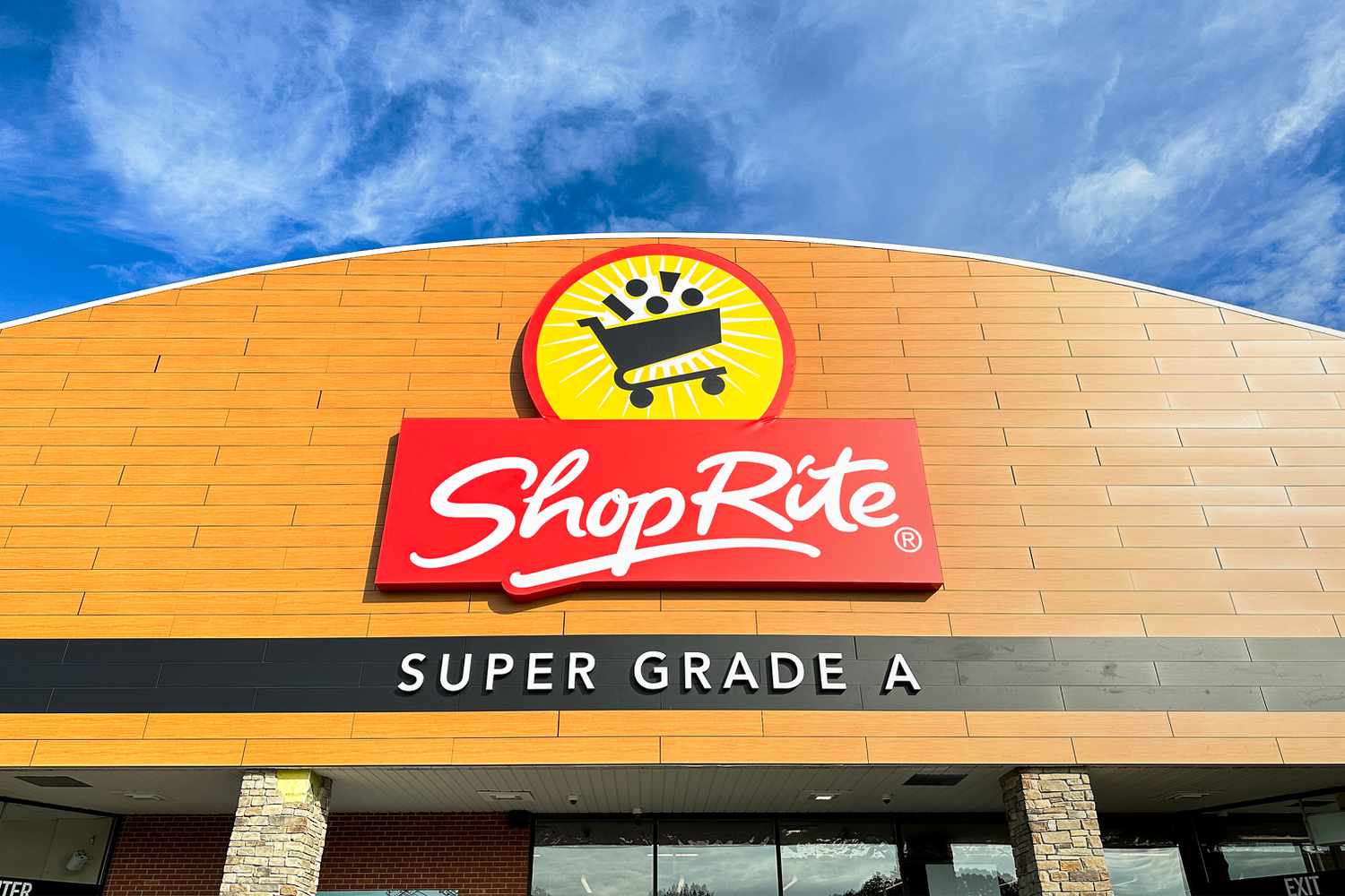ShopRite store entrance with a Super Grade A sign visible