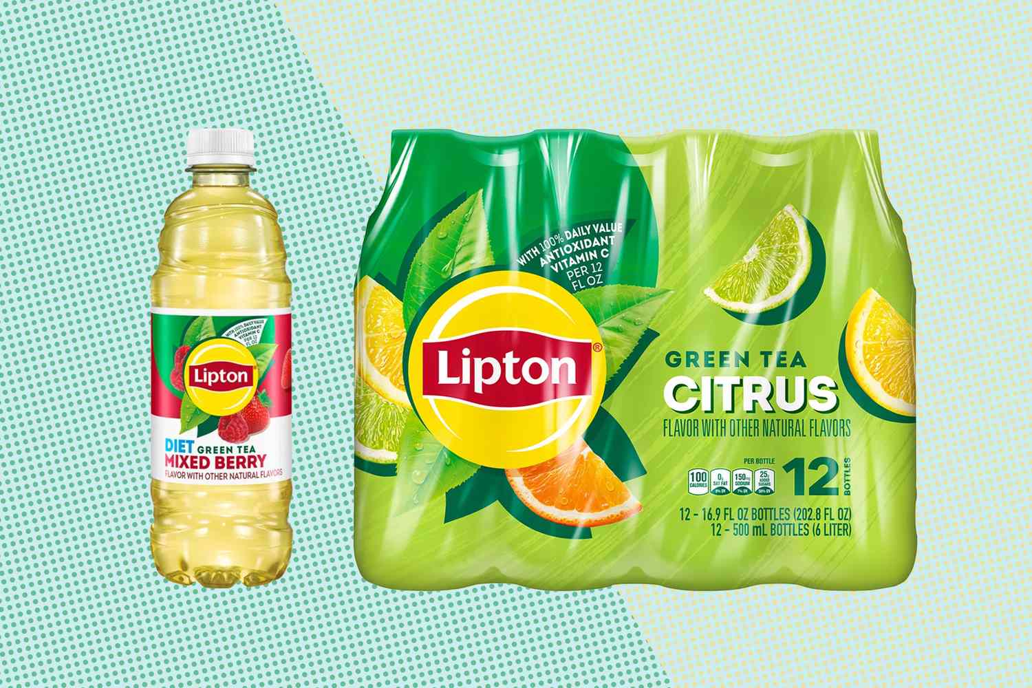 Lipton Diet Green Tea Mixed Berry bottle and Lipton Green Tea Citrus multipack