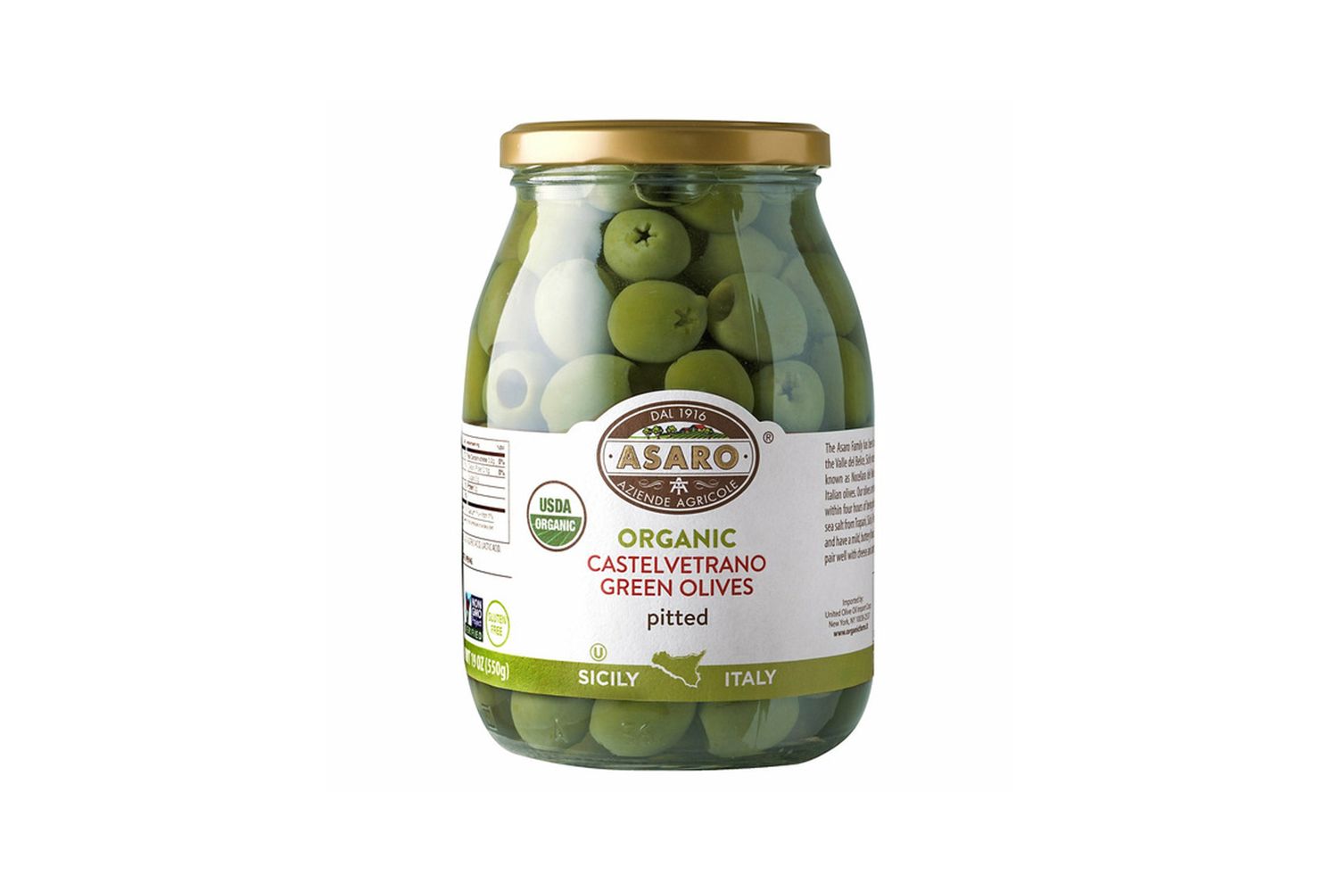 A jar of organic Castelvetrano green olives labeled as pitted product from Sicily Italy