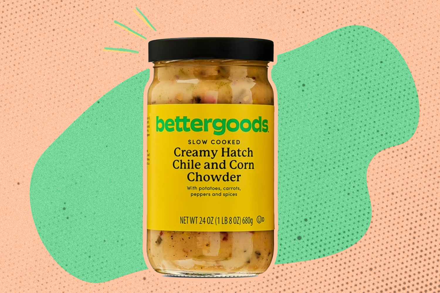 A jar of Bettergoods Creamy Hatch Chile and Corn Chowder against a decorative background
