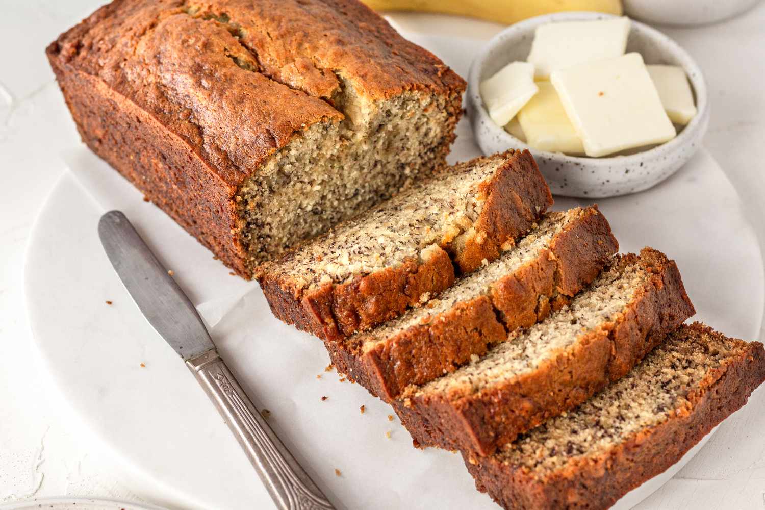 Easy banana bread cut into thick slices.