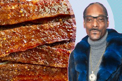 A split image of candied bacon and Snoop Dog