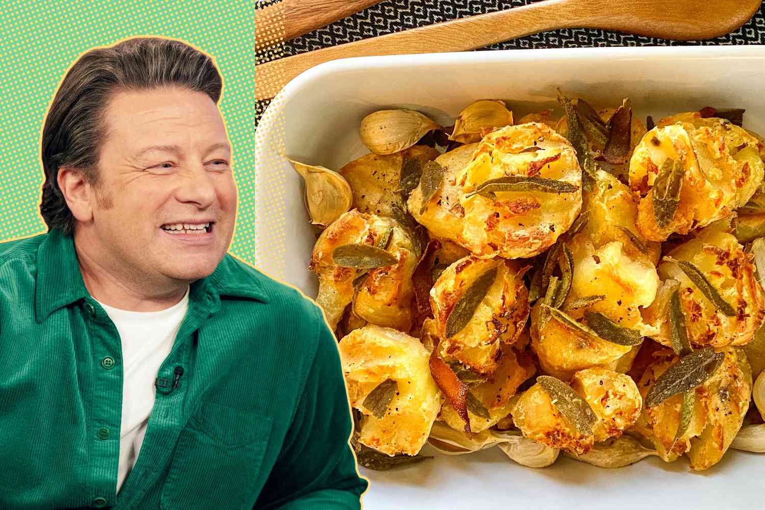 Jamie Oliver next to a serving dish with crispy roasted potatoes with sage leaves