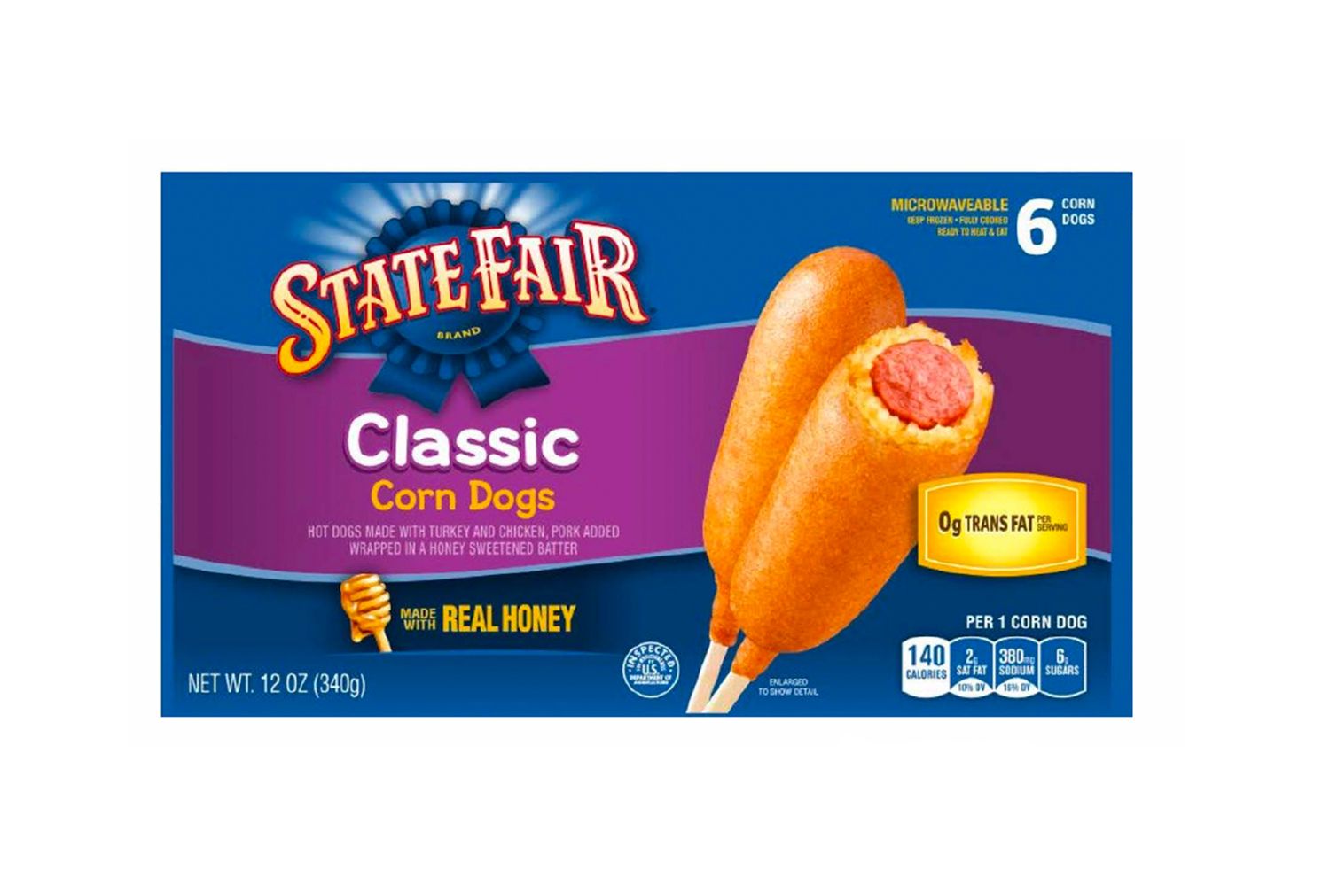 Packaging for State Fair Classic Corn Dogs showing corn dogs on a stick and branding details