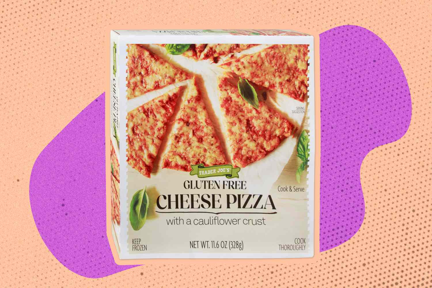 A box of Trader Joe's gluten free pizza on an illustrated pink background