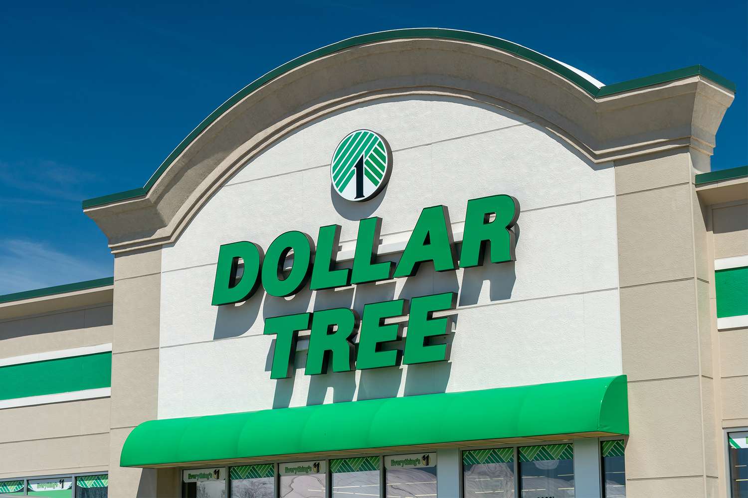 Facade of a Dollar Tree store showing its logo and green awning