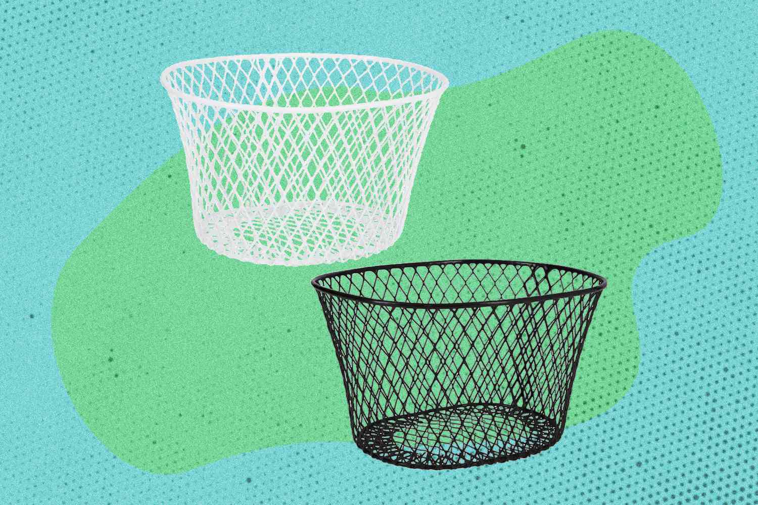 One white and one black Dollar Tree basked on a green illustrated background