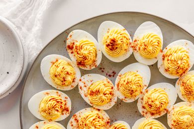 Overhead shot of a plate with deviled eggs