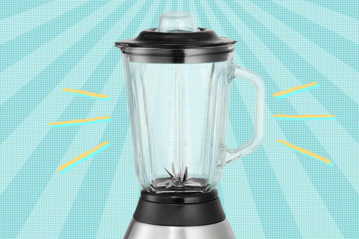 A countertop blender with a glass jar displayed against a radial gradient background