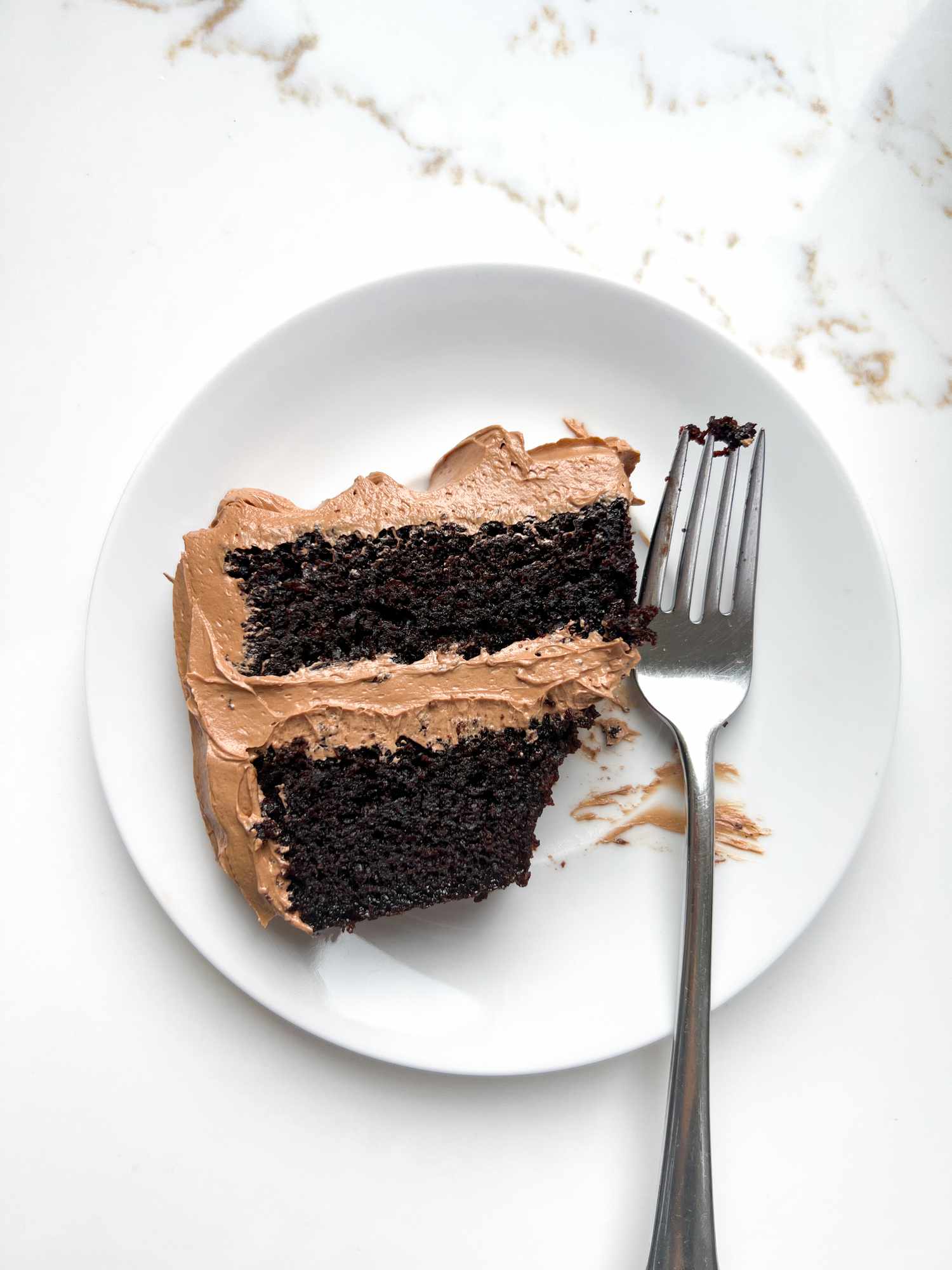 slice of chocolate cake on a white plate