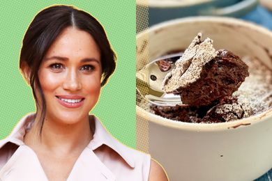Headshot of Meghan Markle on a speckled green background next to her Molten Chocolate Cakes recipe
