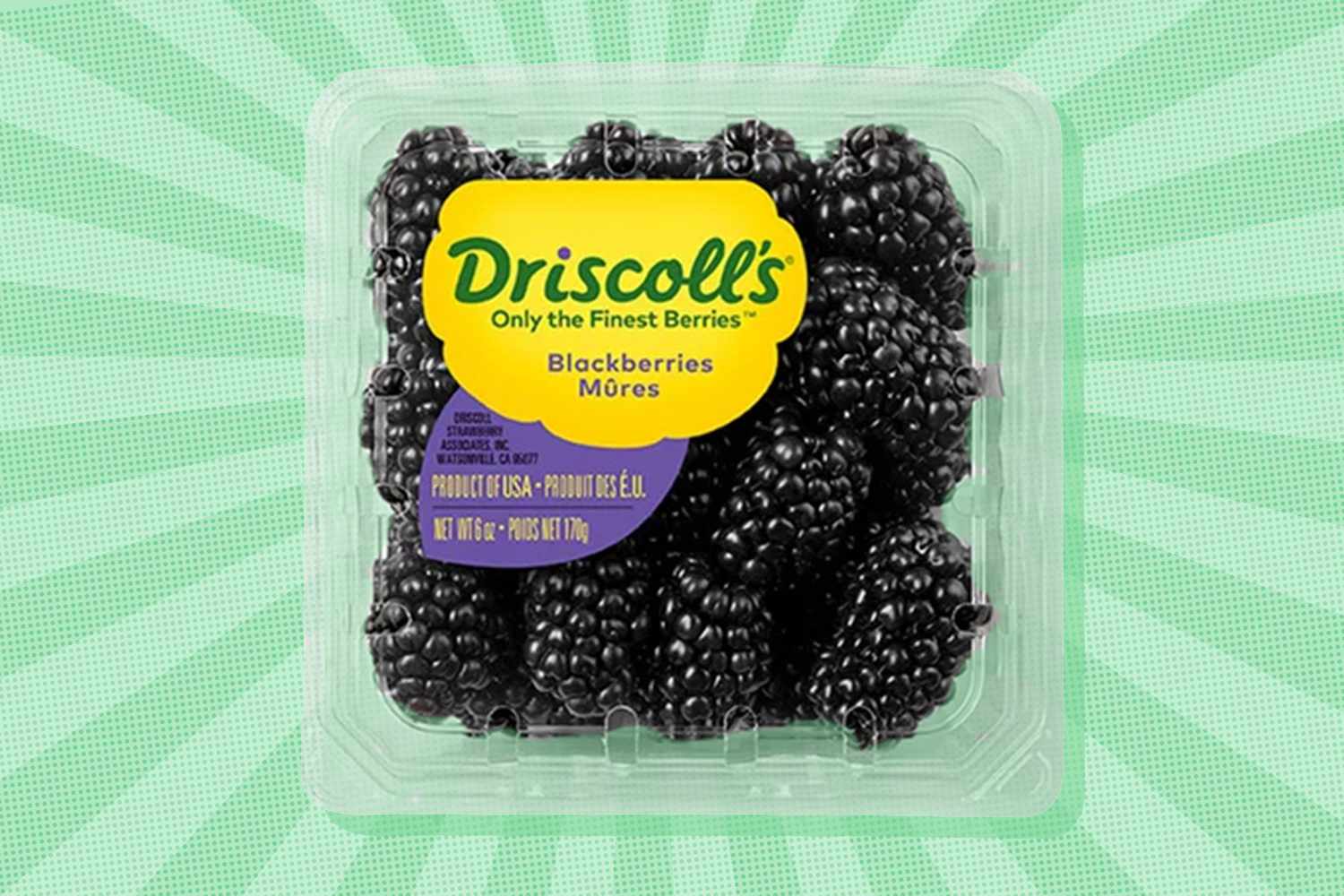 Driscoll's Blackberries box over a colorful background