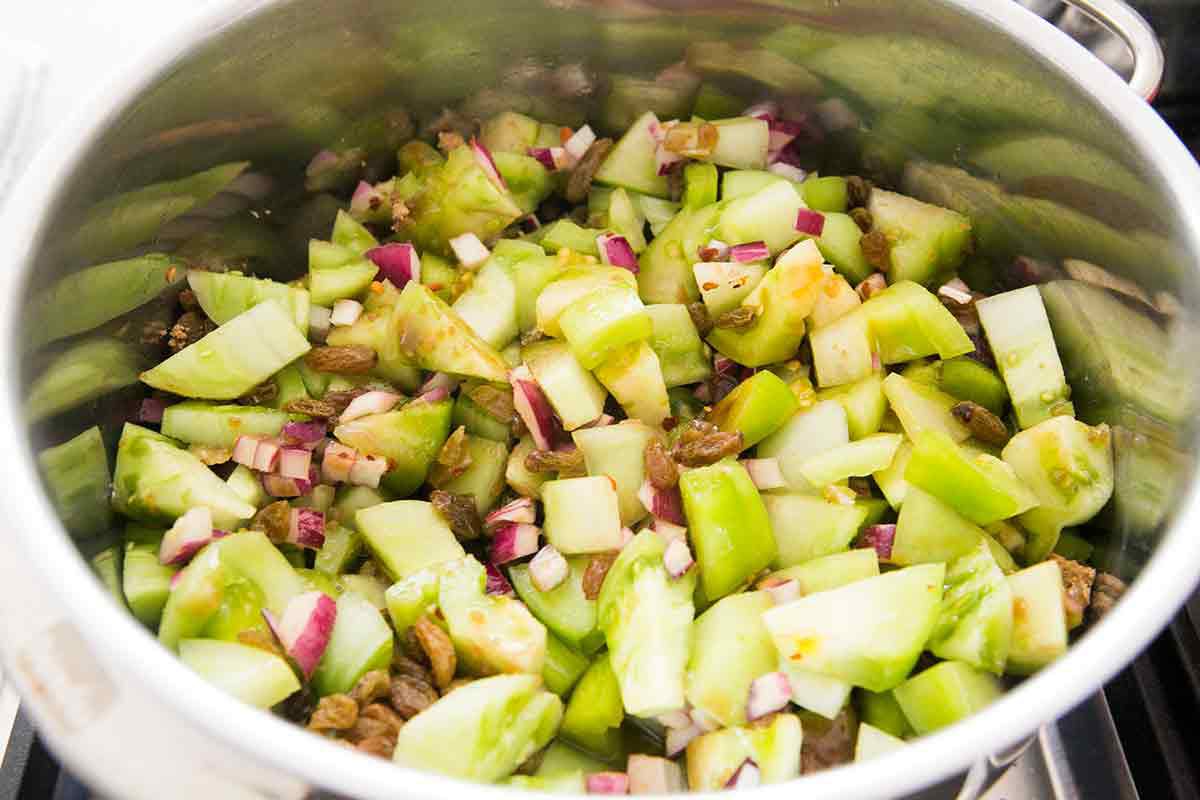 ingredients in bowl for green tomato chutney