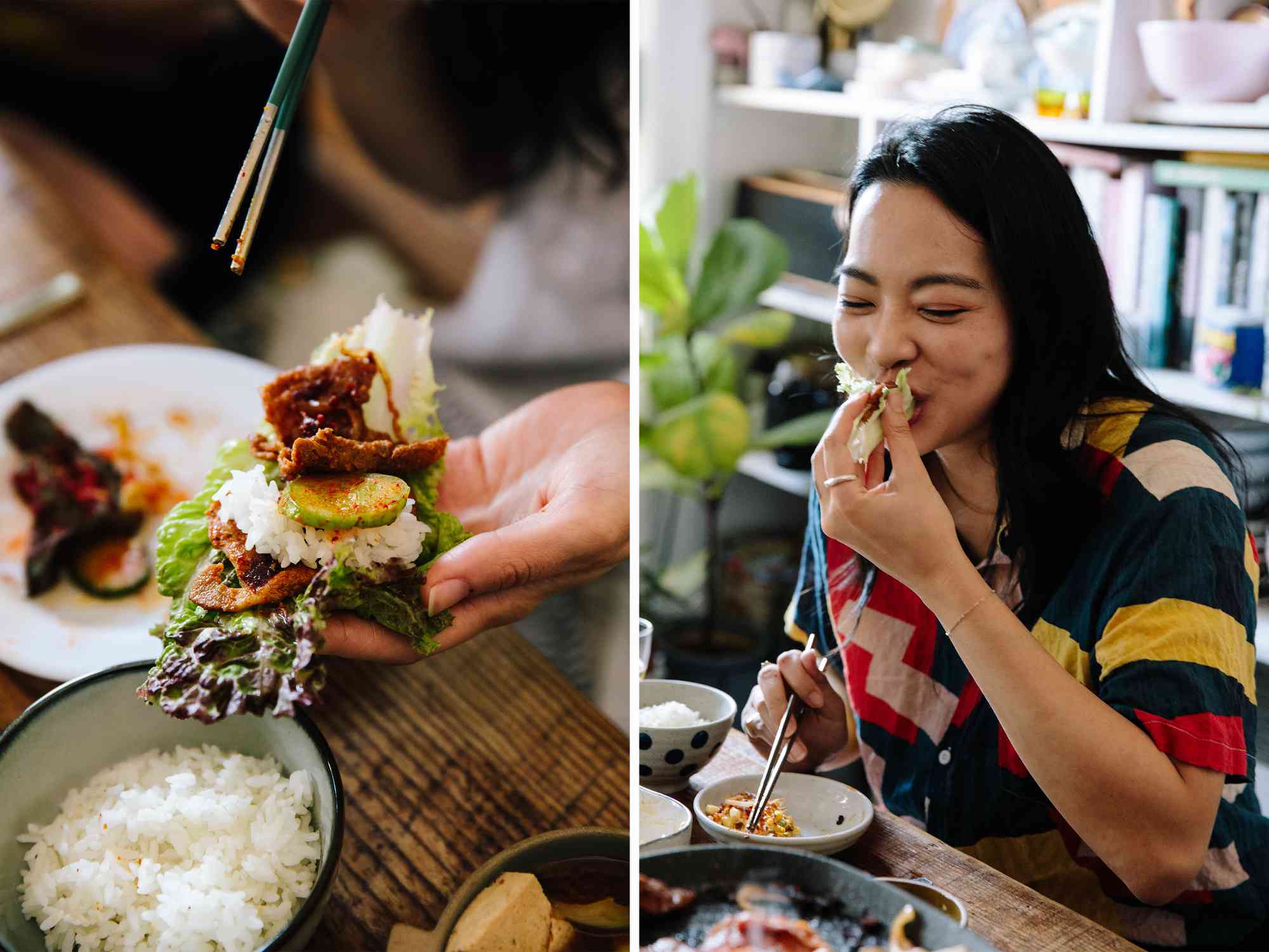 Collage of two images, one close up of Korean BBQ assembled on a lettuce leaf, one of a woman enjoying BBQ