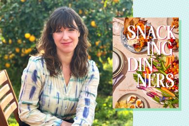 Georgia Freedman seated outdoors next to a book cover titled 'Snacking Dinners' with dishes on a table