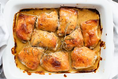 Overhead view of Honey Mustard Chicken baked in a casserole dish.