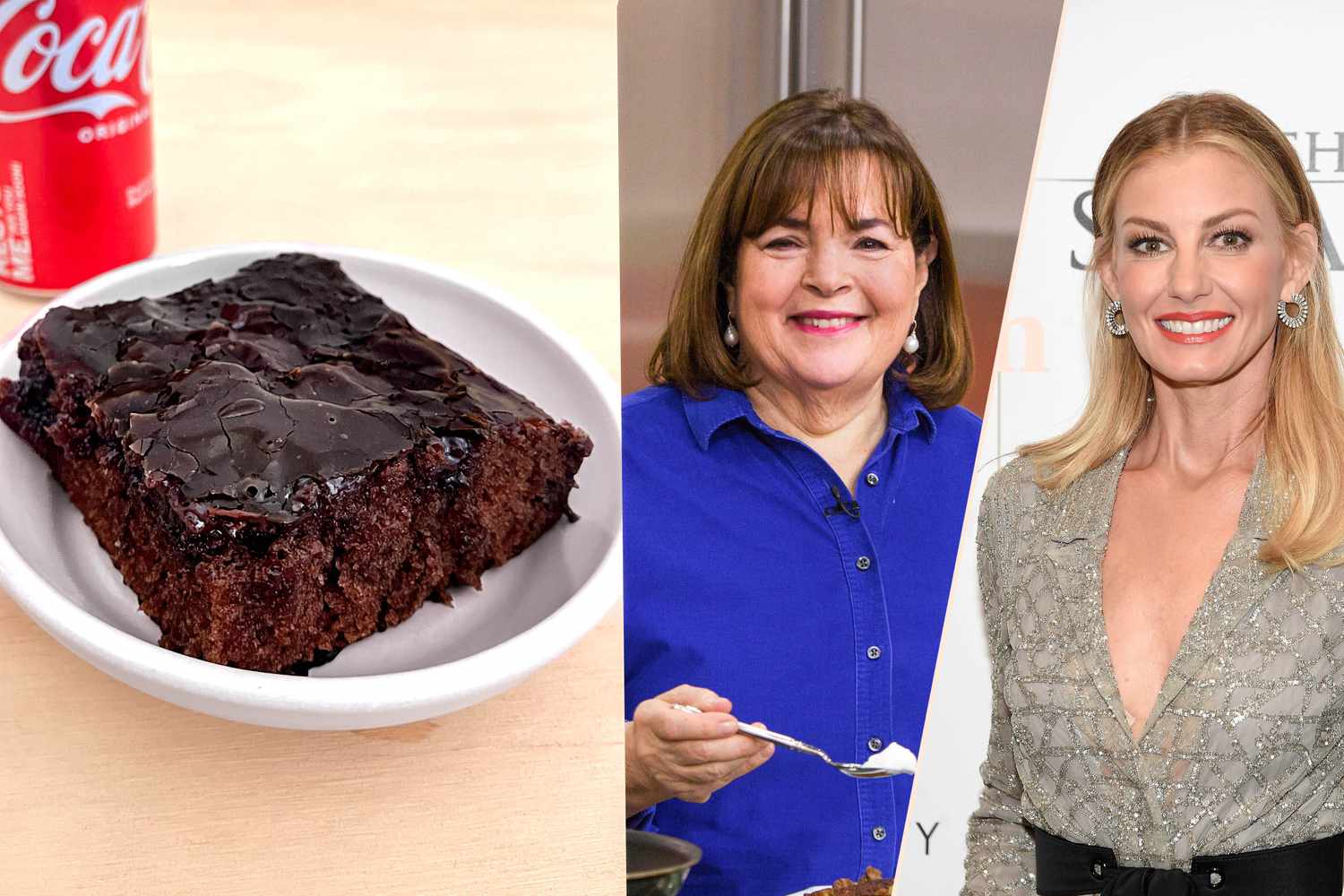 Image compilation (L to R): Faith Hill's Coca Cola Cake, Ina Garten in a kitchen holding a spoon, and Faith Hill on the red carpet