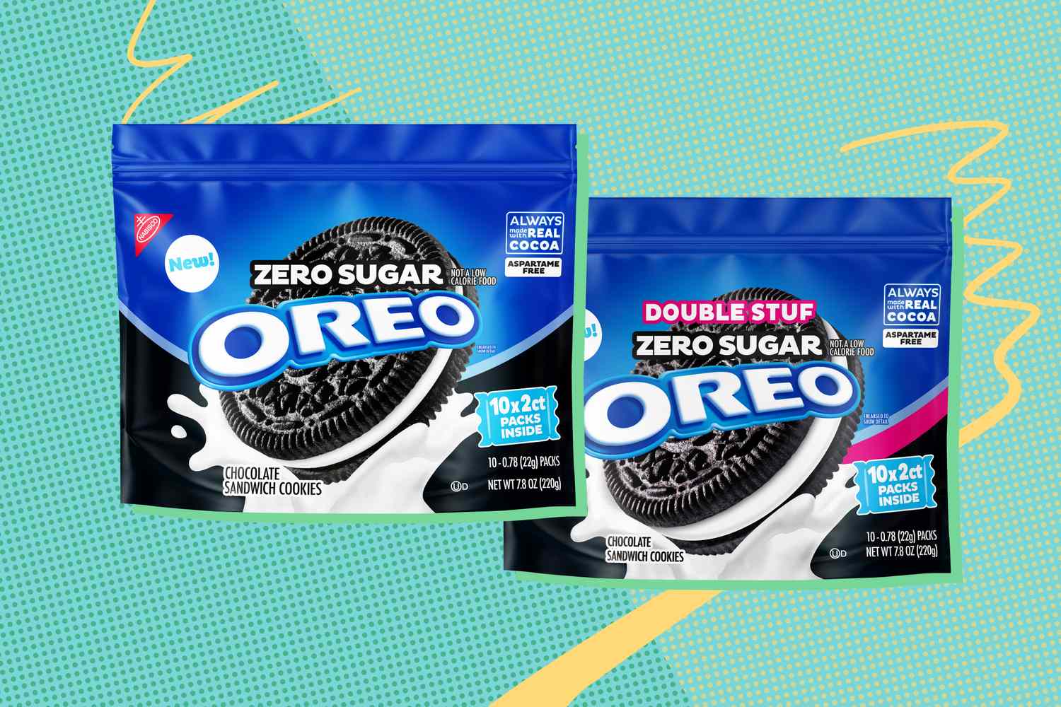 Packaging of new Oreo Zero Sugar varieties including Original and Double Stuf flavors
