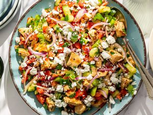 large plate of Greek Grilled Chicken Salad