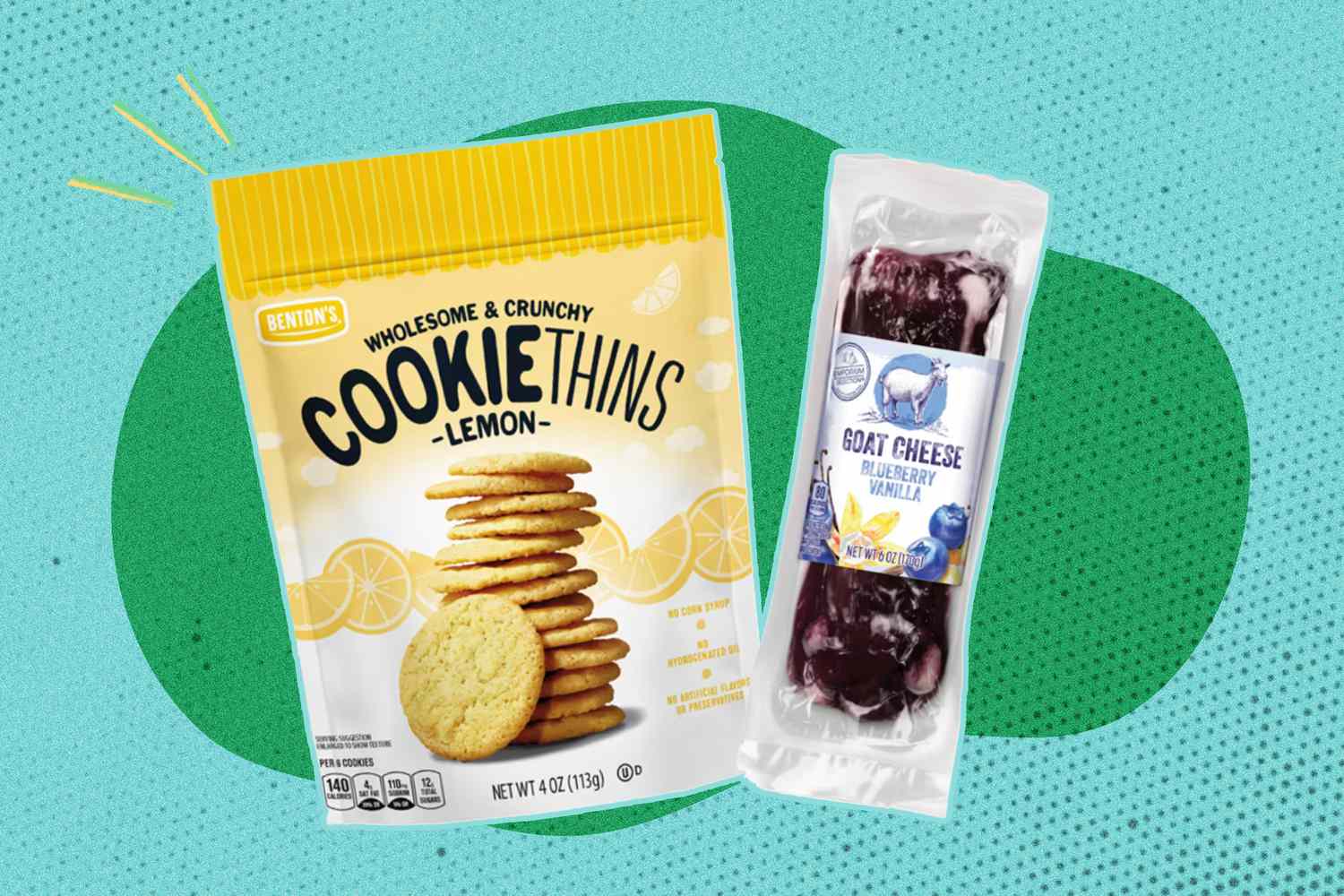 A package of Lemon Cookie Thins and a package of goat cheese with blueberry swirl displayed side by side
