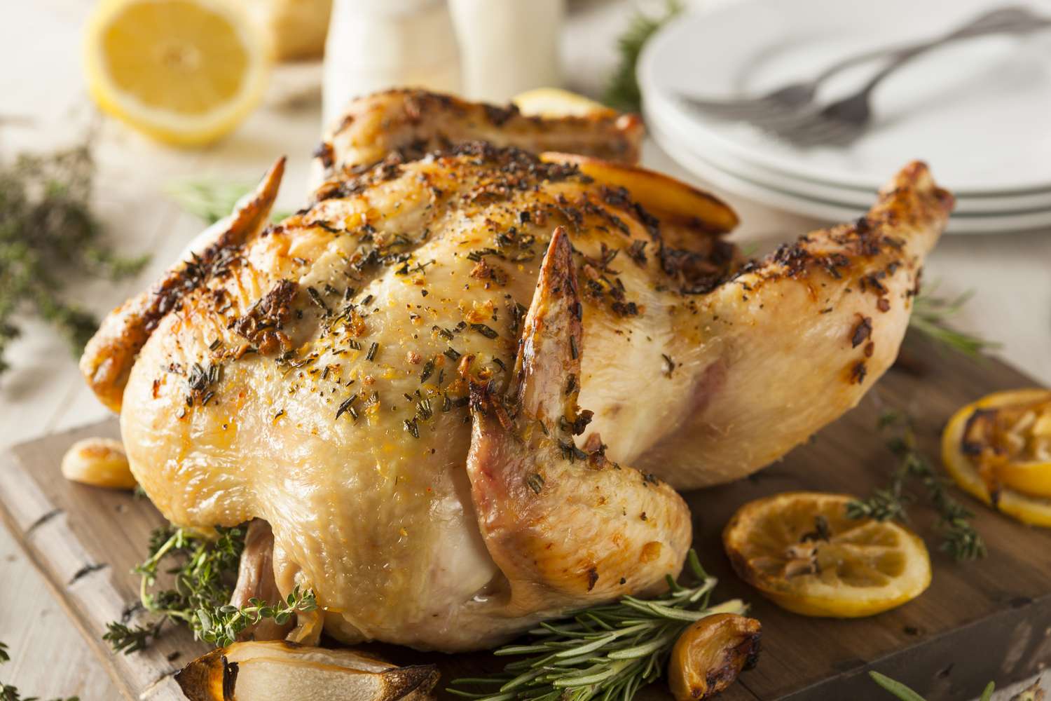Roasted chicken garnished with herbs and lemon slices on a wooden platter