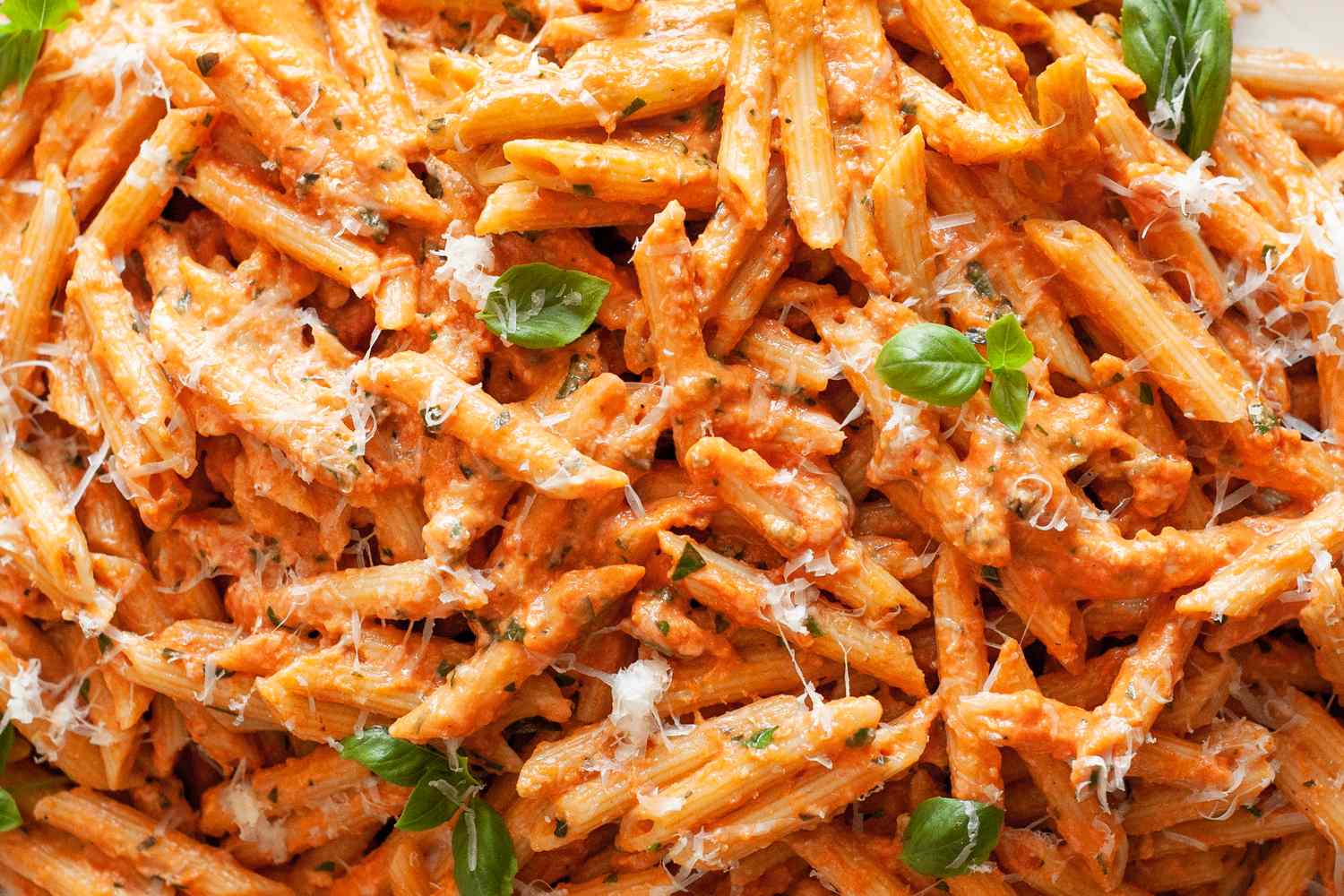 Closeup of penne pasta with creamy tomato sauce garnished with grated cheese and fresh basil leaves