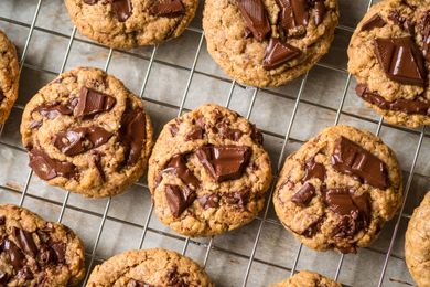Chocolate chip cookies on a cooling rack