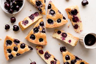 Overhead view of slices of cherry cake from scratch.