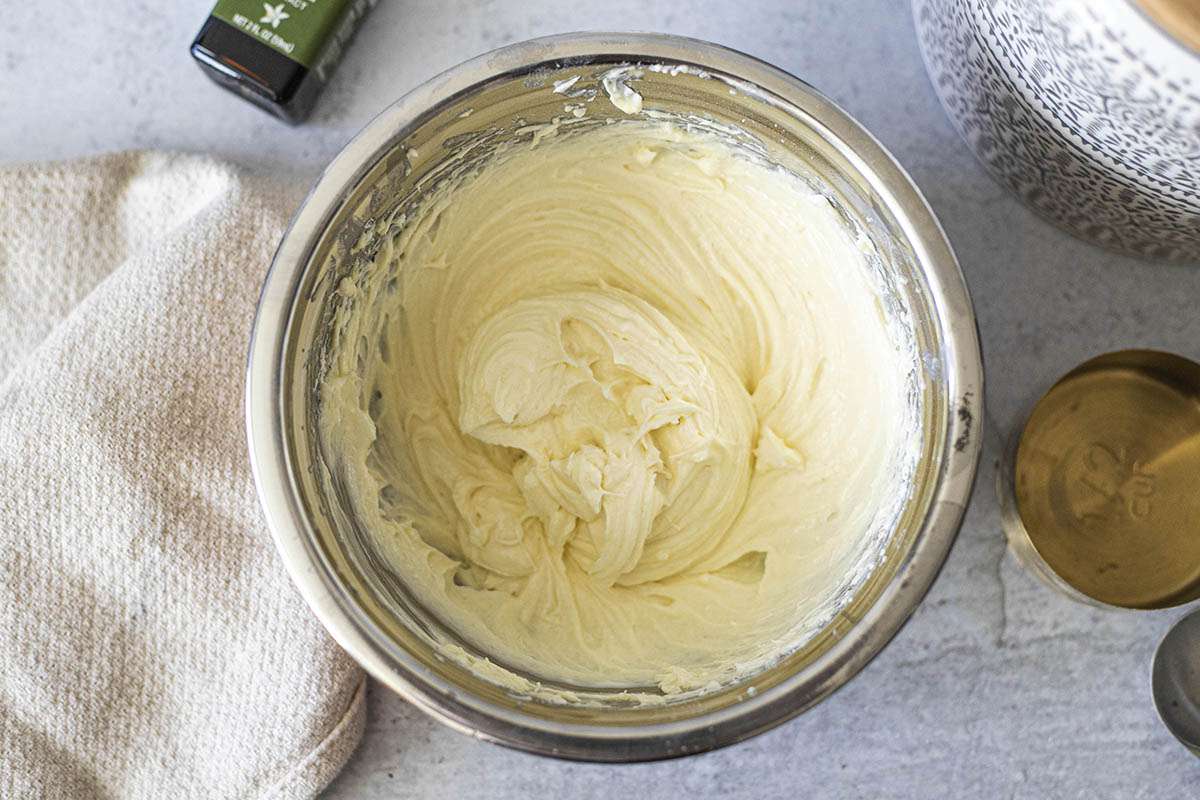 Overhead view of cream cheese filling to make cream cheese filled banana bread.