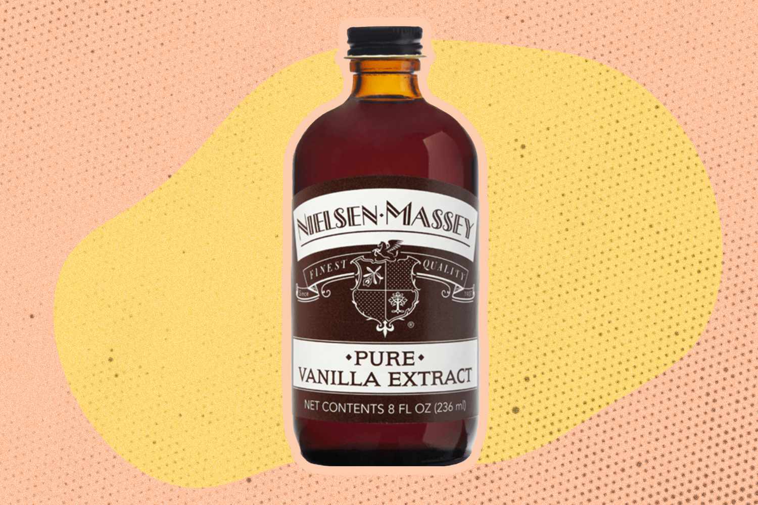 A brown glass bottle of Nielsen-Massey pure vanilla extract