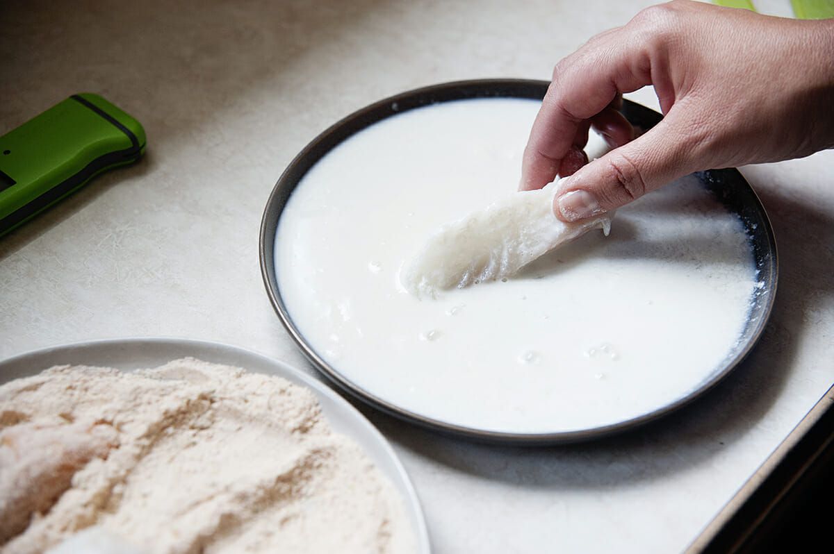 Battered Fish Tacos - dunking fish in milk to bread