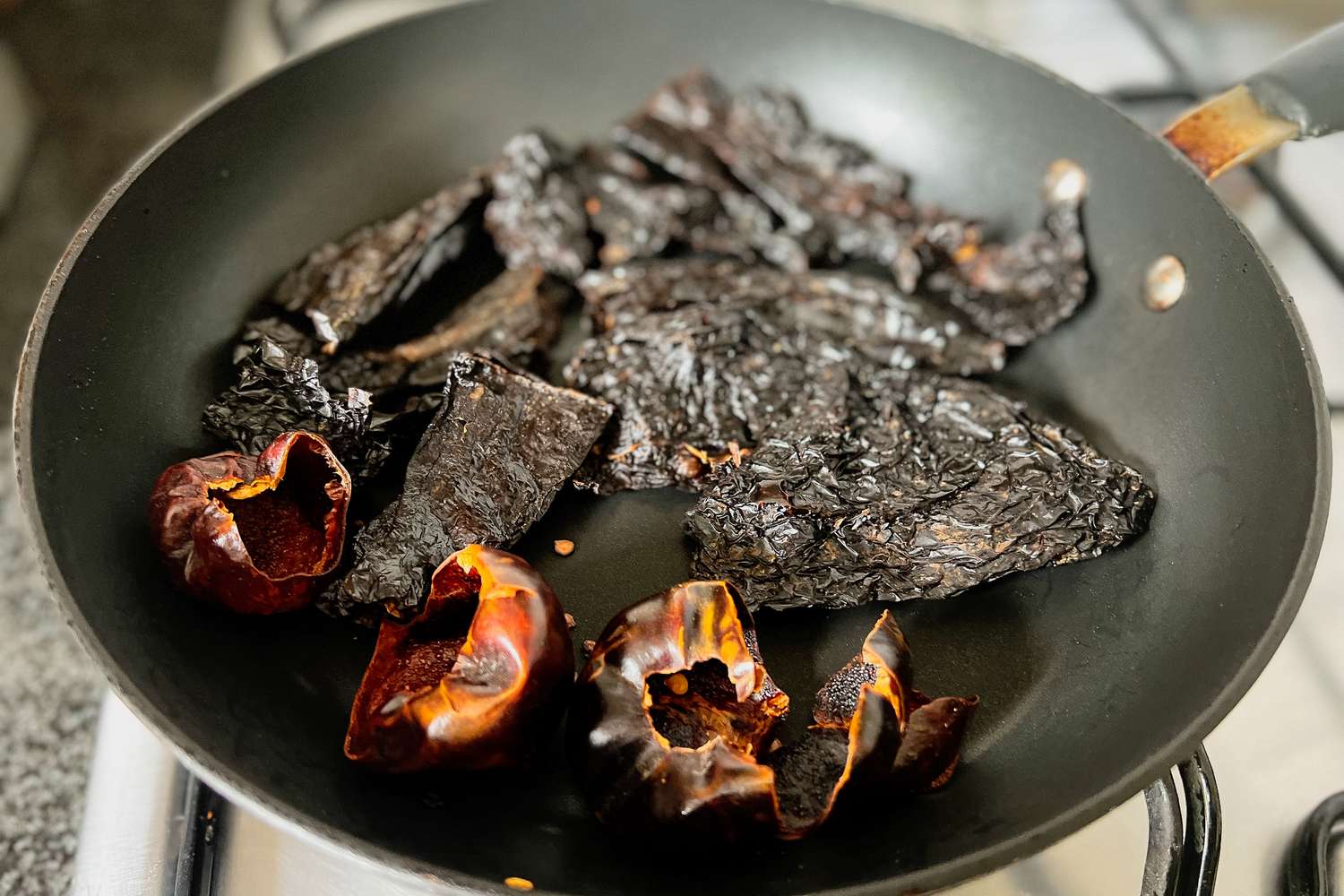 Toasted Peppers in a Pan for Tacos al Pastor