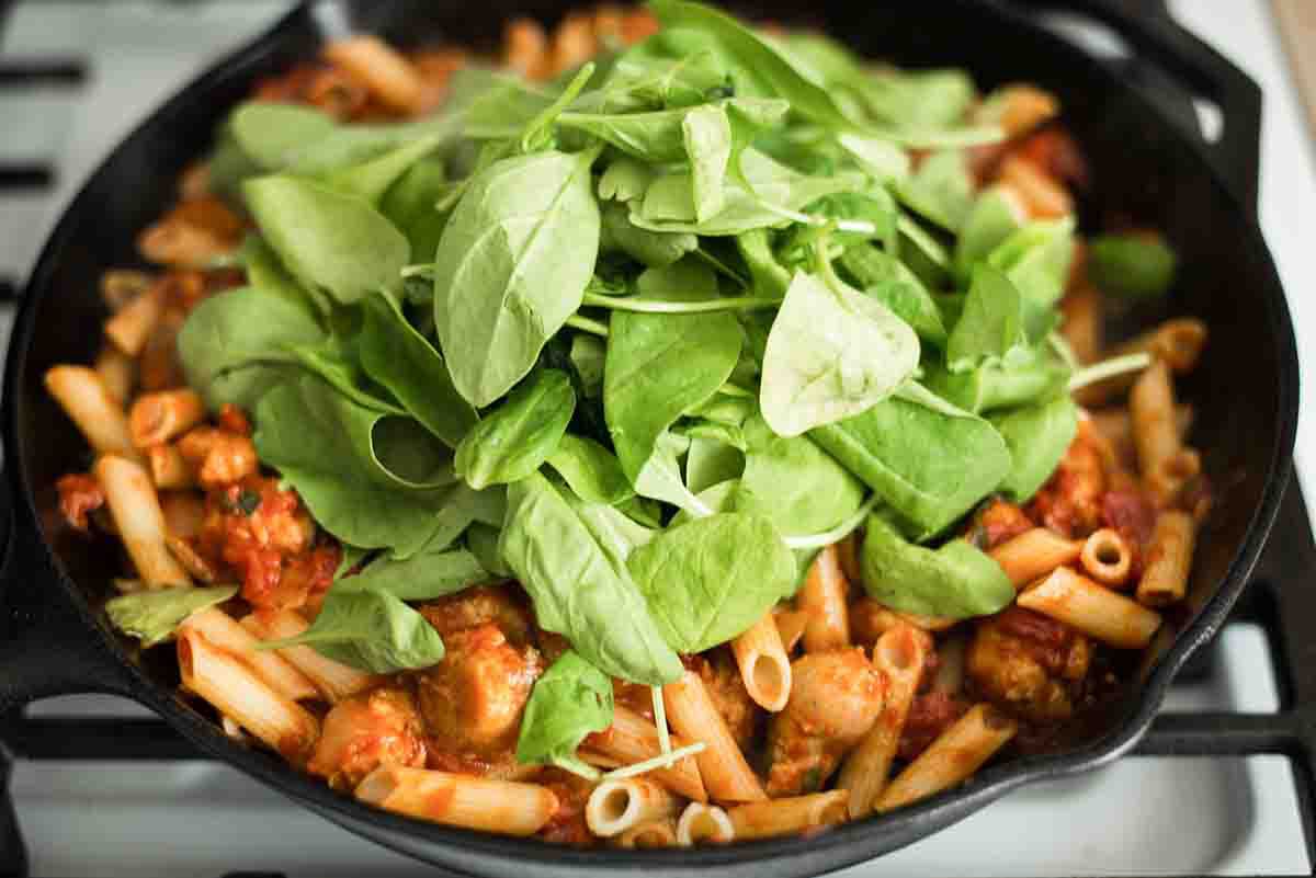 Skillet Pasta with Chicken Sausage, Cheese & Spinach