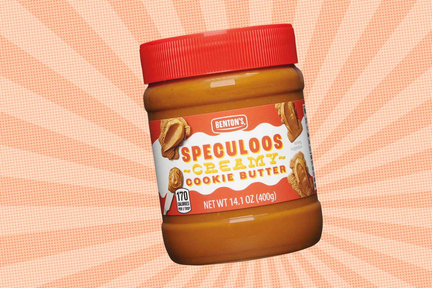 Jar of Bentons creamy cookie butter against a stylized background