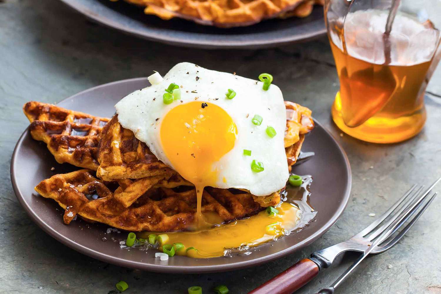 Sweet Potato Waffles with Bacon, Scallions and Fried Eggs
