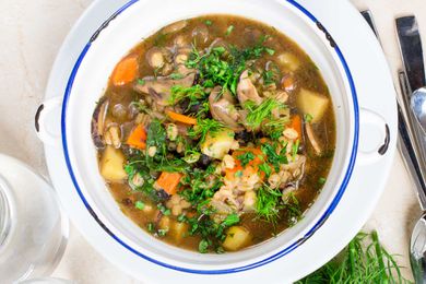 Vegan Mushroom Barley Soup in a bowl