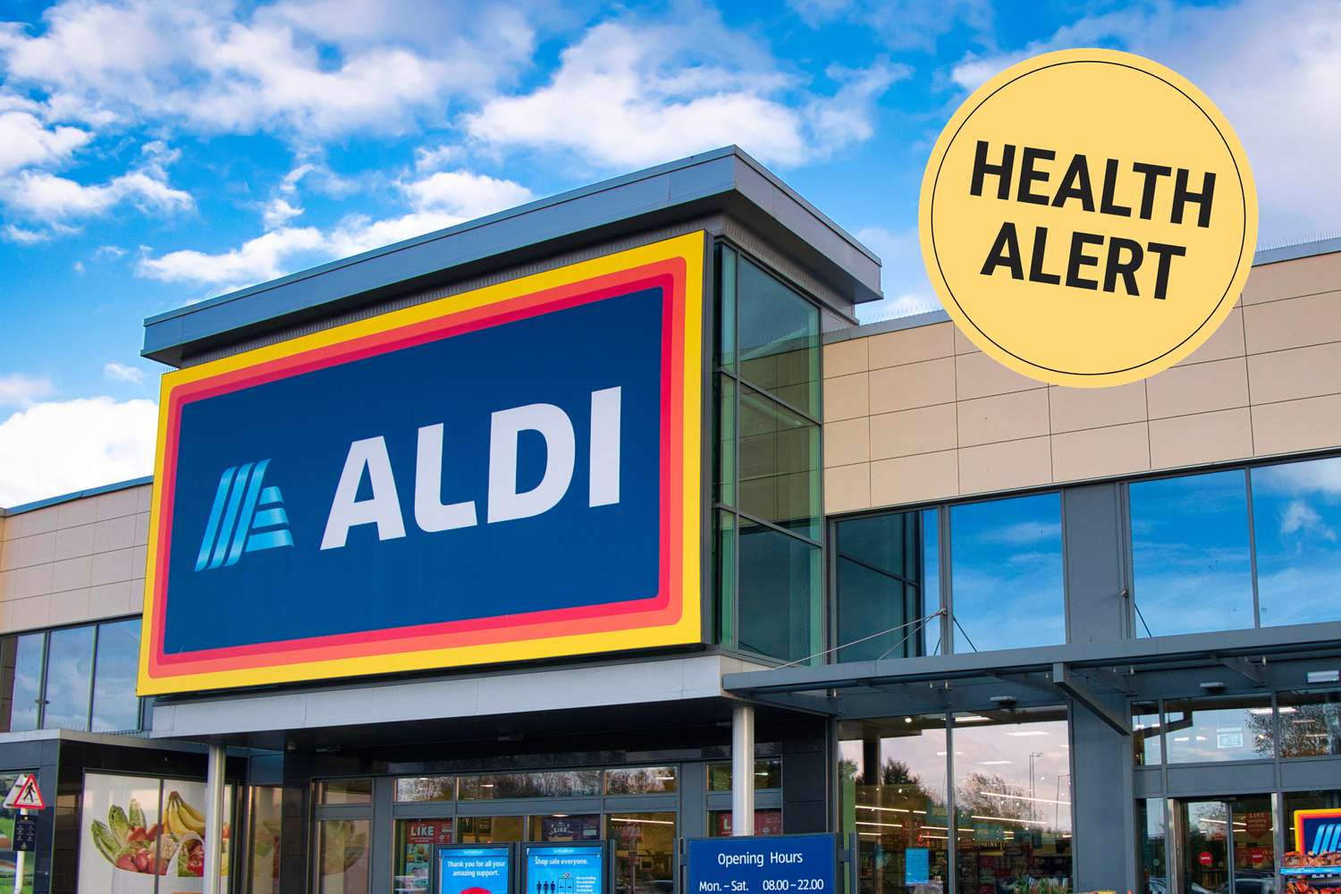 ALDI storefront with health alert tag