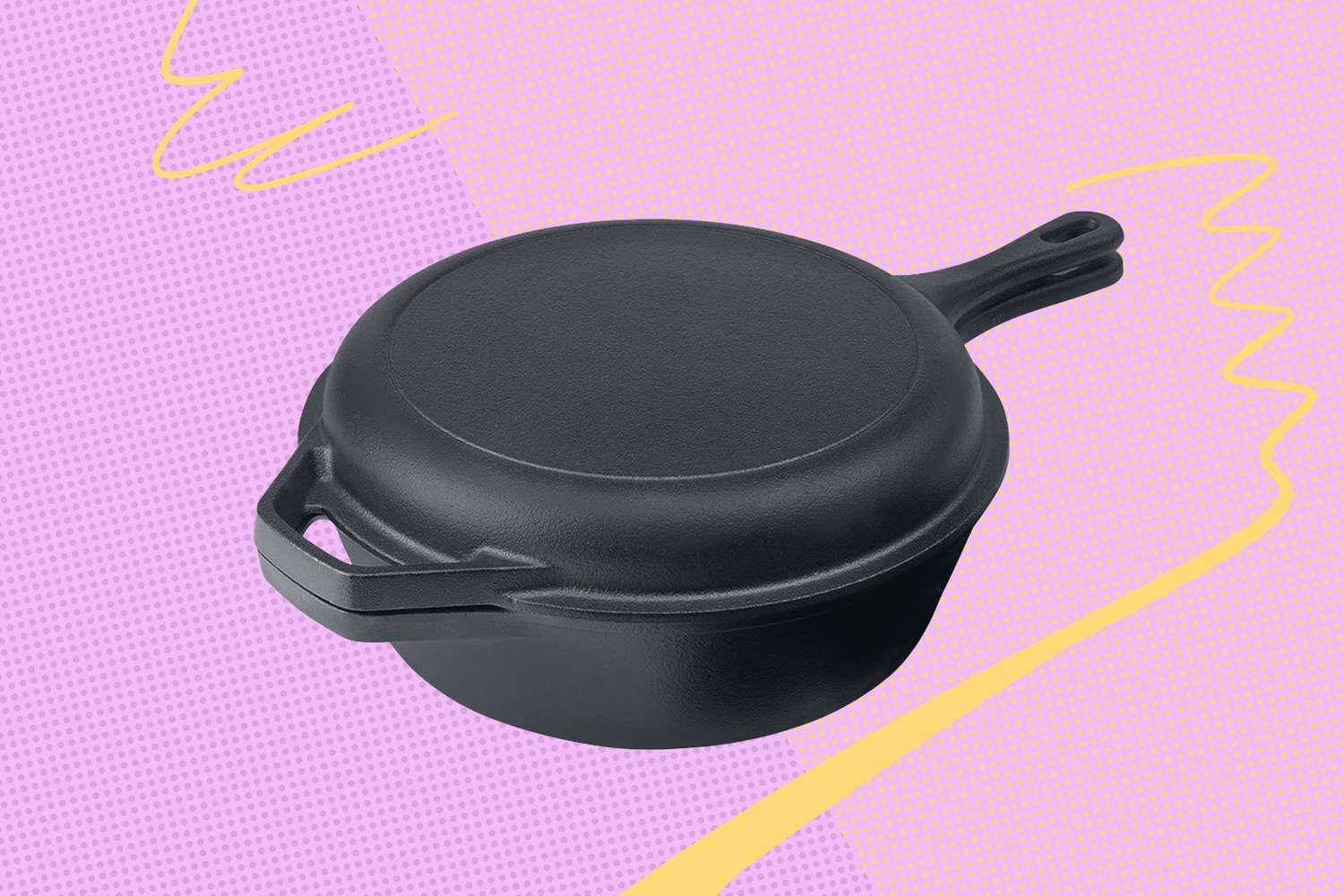A black cast iron pan with a lid against a colorful background