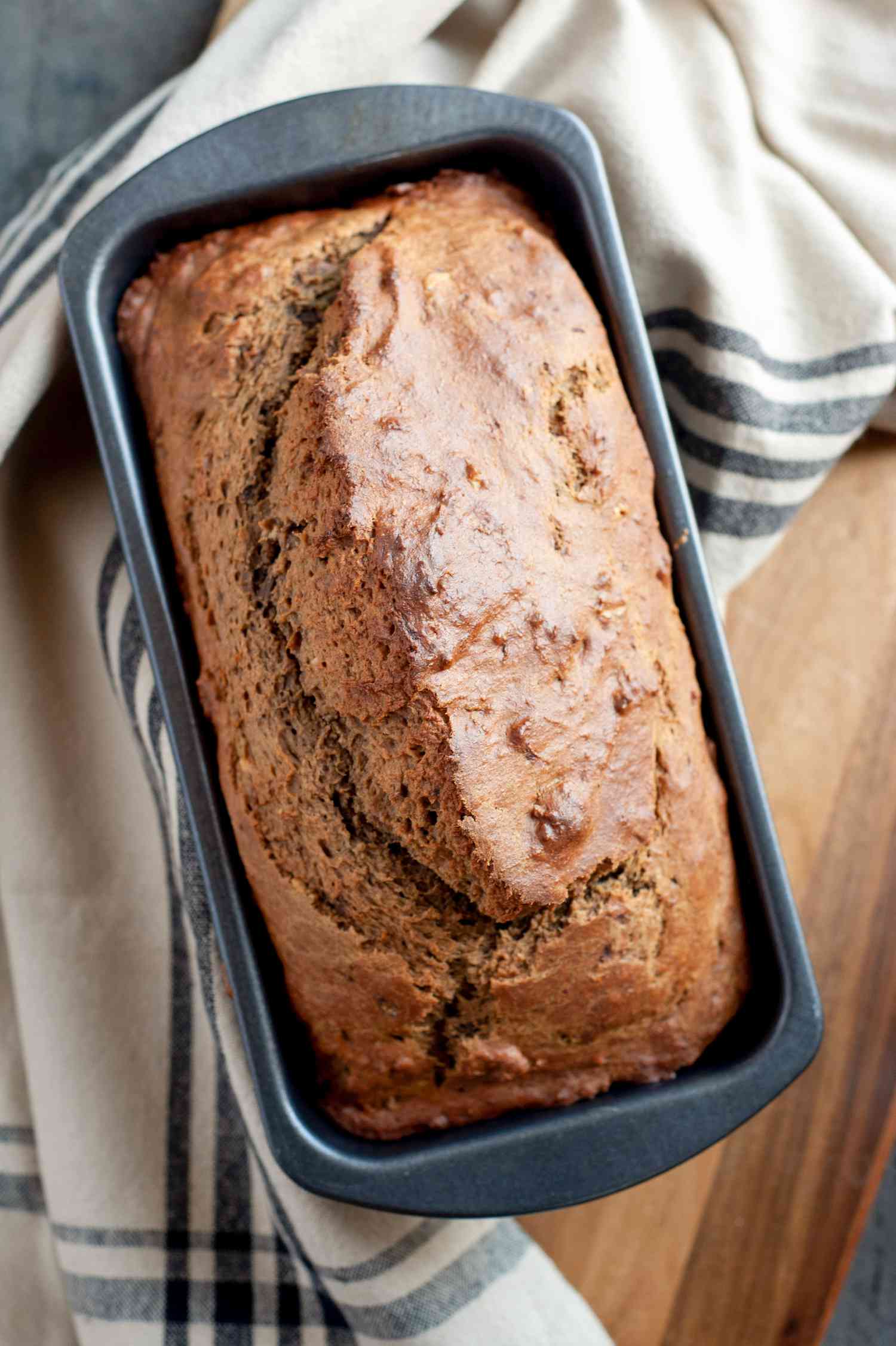 Banana bread on a loaf pan.