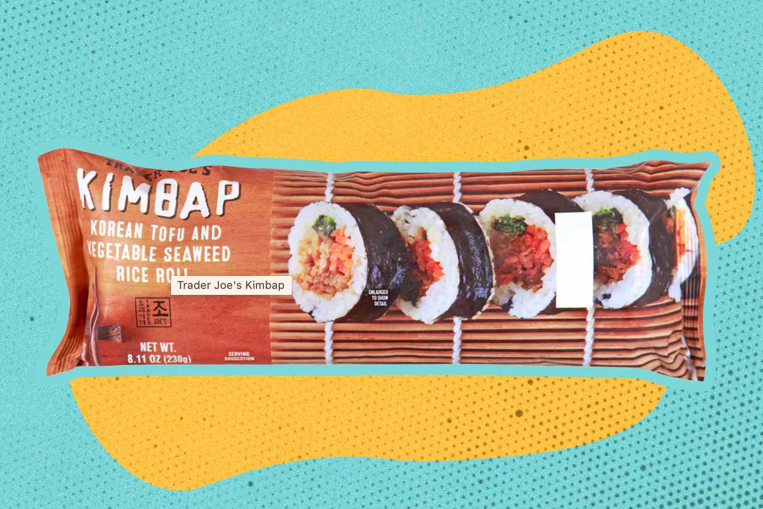Trader Joe's Kimbap on a yellow and blue color blob background