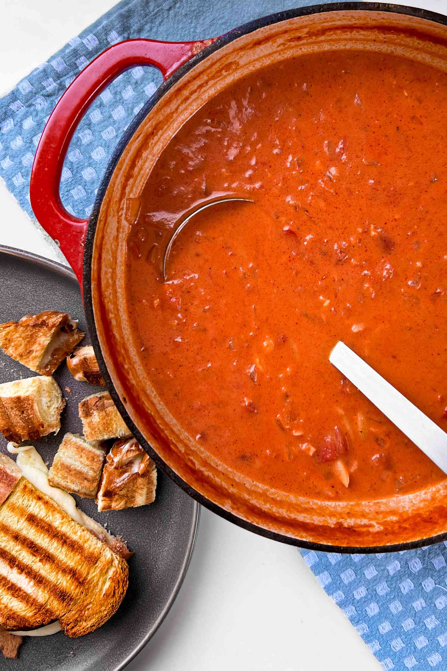 Tomato soup with grilled cheese croutons